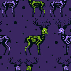 Vector seamless pattern of deer skeleton.Creepy vector illustration of zombie deer.
