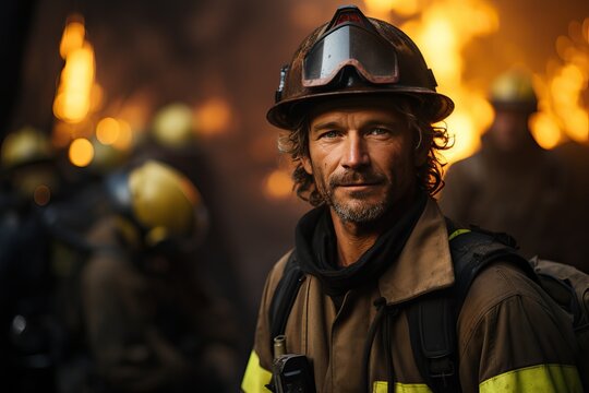 Portrait of a firefighter on the background of a fire.