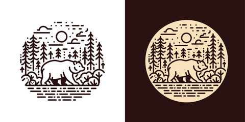 Obraz premium Beautiful outdoor bear in forest handdrawn vintage vector illustration emblem