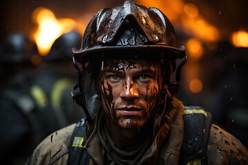 Portrait of a tired firefighter on the background of an unextinguished fire.