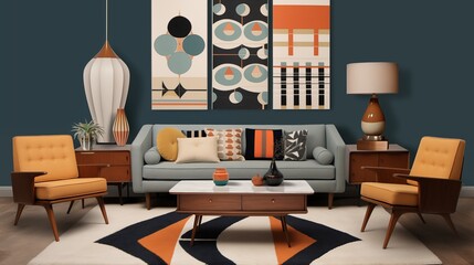 Incorporate geometric patterns in rugs, throw pillows, and wall art to capture the essence of the mid-century stylear