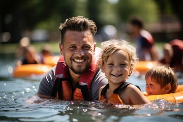 A smiling swimming coach teaches a child to swim.