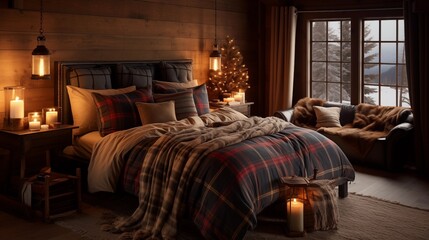 Incorporate plaid or buffalo check bedding, warm-toned lighting, and faux fur details for a cozy and comfortable cabin atmospherear