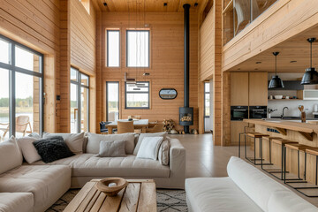 Cozy modern living room with wooden trim, high ceilings, natural light and stylish furniture