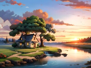 landscape illustration with trees and house near river