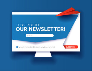 Newsletter subscription banner. Vector illustration for online marketing and business. computer screen with flying envelope and paper planes. Template for mailing and newsletter in blue and red color