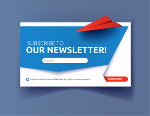 Newsletter subscription banner. Vector illustration for online marketing and business. Paper banner with shadow with flying envelope and paper planes. Template for mailing and newsletter