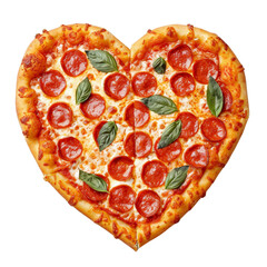 A heart-shaped cheese pizza with pepperoni slices and fresh basil leaves isolated on transparent or white background, png