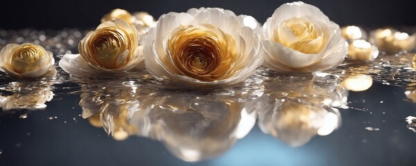 Fototapeta na wymiar there are many white and gold roses on a shiny surface