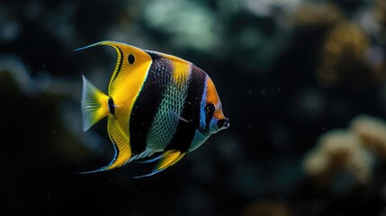 Fototapeta na wymiar Close-up of angelfish fish on black background in aquarium