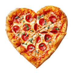 A heart-shaped pizza with pepperoni and fresh basil leaves isolated on transparent or white background, png