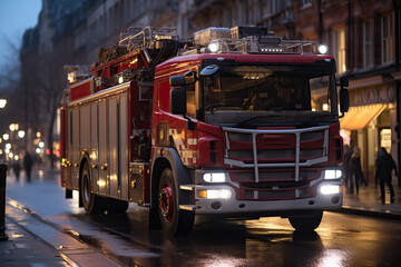A red fire truck with headlights and flashing lights is driving through the city.