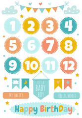 Vector cute set with Birthday color decor for a baby
