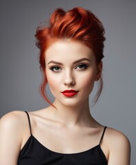 Portrait of a fashionable young girl with stylish hairstyle and red hair