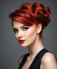 Portrait of a fashionable young girl with stylish hairstyle and red hair