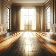 Empty room for interior design with wooden floor, beautiful light from the window.