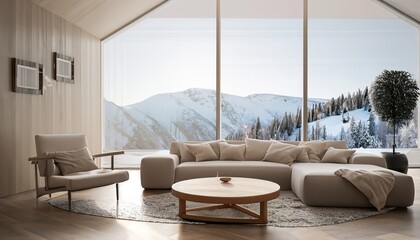 Round wooden coffee table near beige sofa and armchair against floor to ceiling panoramic large window with winter mountain view, minimalist home interior design of modern living room - Powered by Adobe