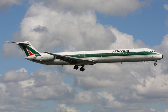 Schiphol, Netherlands - August 2, 2008: Italian Alitalia McDonnell Douglas MD-82 with registration I-DAWG on final for Amsterdam Airport Schiphol