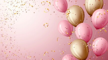 Fototapeta na wymiar Birthday Pink balloons background design Happy birthday golden balloon and confetti decoration element for birth day celebration greeting card design