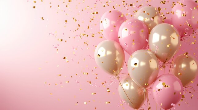 Birthday Pink balloons background design Happy birthday golden balloon and confetti decoration element for birth day celebration greeting card design - Powered by Adobe