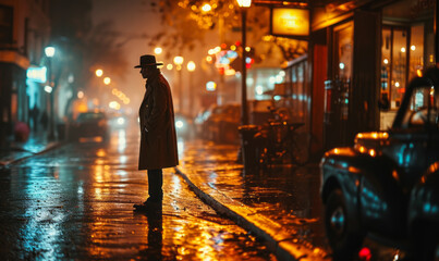 Mysterious man in trench coat and fedora standing under the rain at night, evoking noir film aesthetics