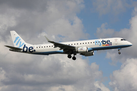Schiphol, Netherlands - August 4, 2008: British flybe Embraer ERJ-195 with registration G-FBEI on final for Amsterdam Airport Schiphol