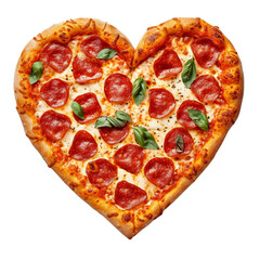 Pizza in the shape of a heart topped with pepperoni and basil leaves isolated on transparent or white background, png