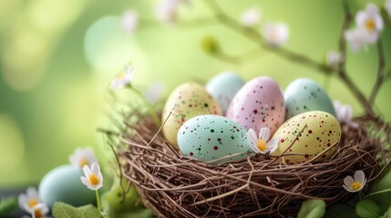 Fototapeta na wymiar Happy Easter holiday celebration banner greeting card with pastel painted eggs in bird nest on Green backround tabel texture
