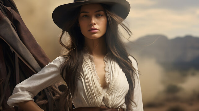 Portrait of a woman in the wild west in a cowboy outfit