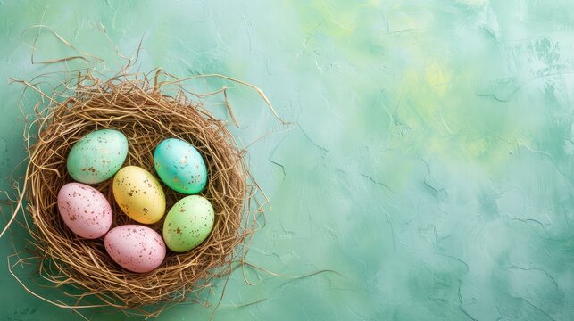 Happy Easter holiday celebration banner greeting card with pastel painted eggs in bird nest on Green backround tabel texture