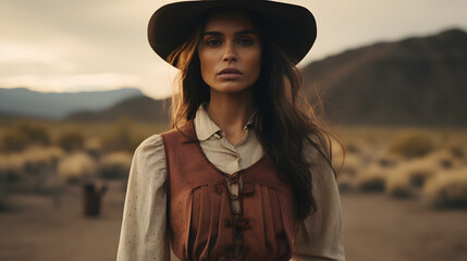 Portrait of a woman in the wild west in a cowboy outfit