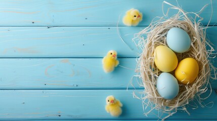 Banner. Blue, yellow, white eggs and yellow chicks on a blue wooden background. The minimal concept. An Easter card with a copy of the place for the text.