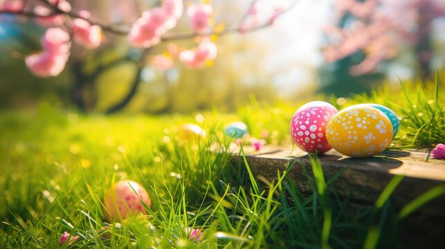 Top veiw. Painted easter eggs in the grass celebrating a Happy Easter in spring with a green grass meadow, cherry blossom and on rustic wooden bench to display