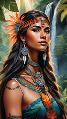 Full portrait in watercolor style of a tribal leader's daughter Ai Generative 