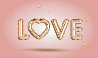 3d Love quote Gold foil balloon metal lettering. 3d Realistic alphabet Balloons. Valentines day, Romantic Poster, banner, cover card, brochure, flyer. 3d rendering. Vector illustration