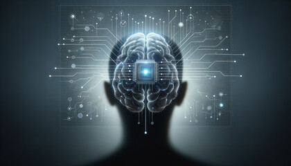 Fototapeta premium Seamless Brain-Machine Interface: Minimalist tech overlay on neural network backdrop.