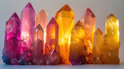 a group of colored crystals in arranging style, in the style of dark pink and yellow
