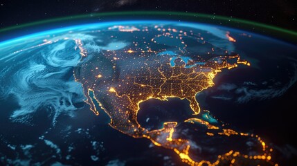 Nighttime satellite image of United States and Canada showcases city lights, indicating human activity on the North American continent. - obrazy, fototapety, plakaty