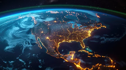 Fotobehang Nighttime satellite image of United States and Canada showcases city lights, indicating human activity on the North American continent. © OLGA