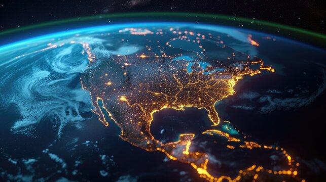 Nighttime satellite image of United States and Canada showcases city lights, indicating human activity on the North American continent.