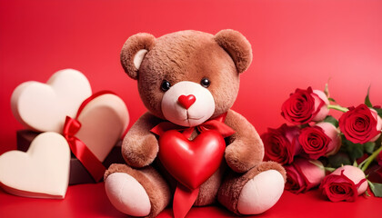 teddy bear with heart and red rose