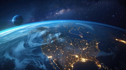 Nighttime 3D illustration of United States and North America from space, showcasing city lights representing human activity.