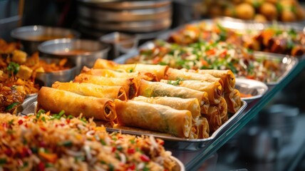 Egg roll display at a food festival, attracting food enthusiasts and connoisseurs