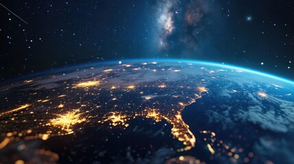 Nighttime 3D illustration of United States and North America from space, showcasing city lights representing human activity.