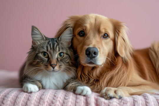 dog and cat on pink background isolated on grey