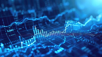 An ascending line and arrows on a blue background represent a financial graph in the stock market.