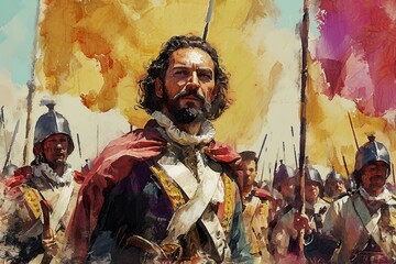 Historical Portrait of a Spanish Soldier Illustration close up. Soldier of Spain watercolor colors Illustration