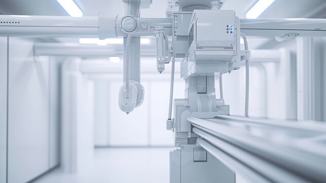 Wide banner featuring an advanced medical diagnosis machine for x-ray scanning at a hospital health care lab, with ample copy space.