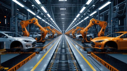 Automated robotics and futuristic electric cars factory production line showcased in wide banners featuring production and efficiency statistics along with a copy space area.
