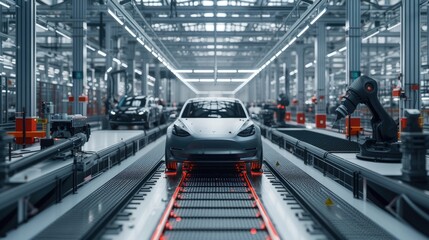 Automated robotics and futuristic electric cars factory production line showcased in wide banners featuring production and efficiency statistics along with a copy space area.